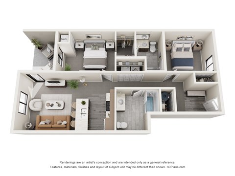 Floor plan for 2 beds, 2 baths, 970 sqft